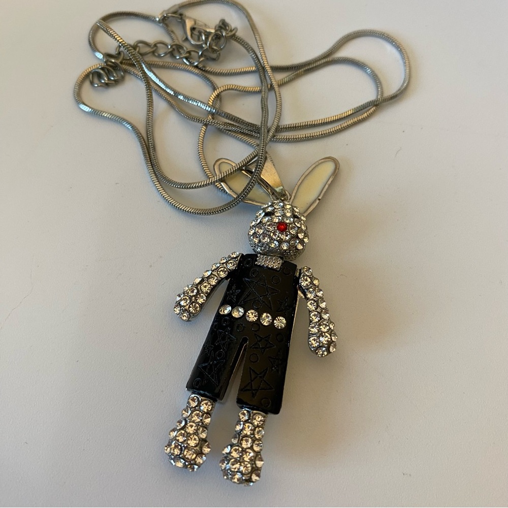 Silver and Black Rabbit enamel rhinestones Pendant with Silver snake chain